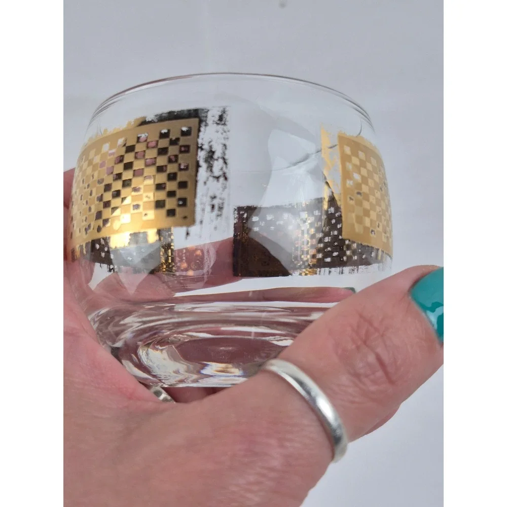 Vintage MCM Gold Checkerboard Roly Poly Rocks Glasses Set of 4 Whiskey Lowball